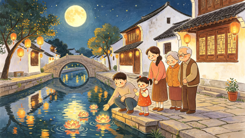 中秋节中秋家庭亲子放河灯水灯儿童画插画