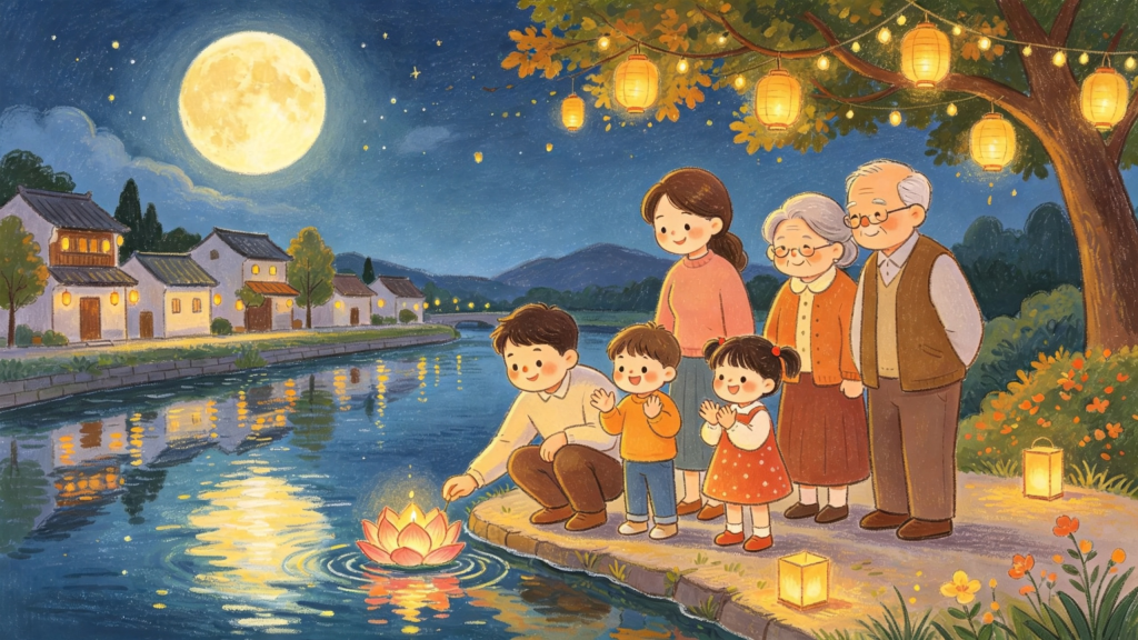 中秋节中秋家庭亲子放河灯水灯儿童画插画