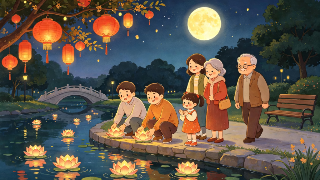 中秋节中秋家庭亲子放河灯水灯儿童画插画