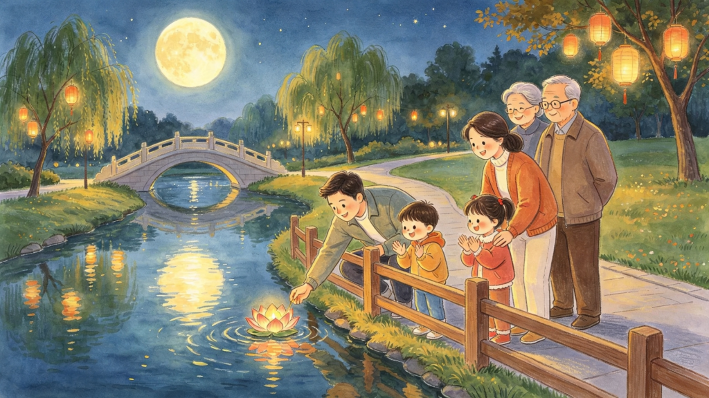 中秋家庭放水灯儿童画插画