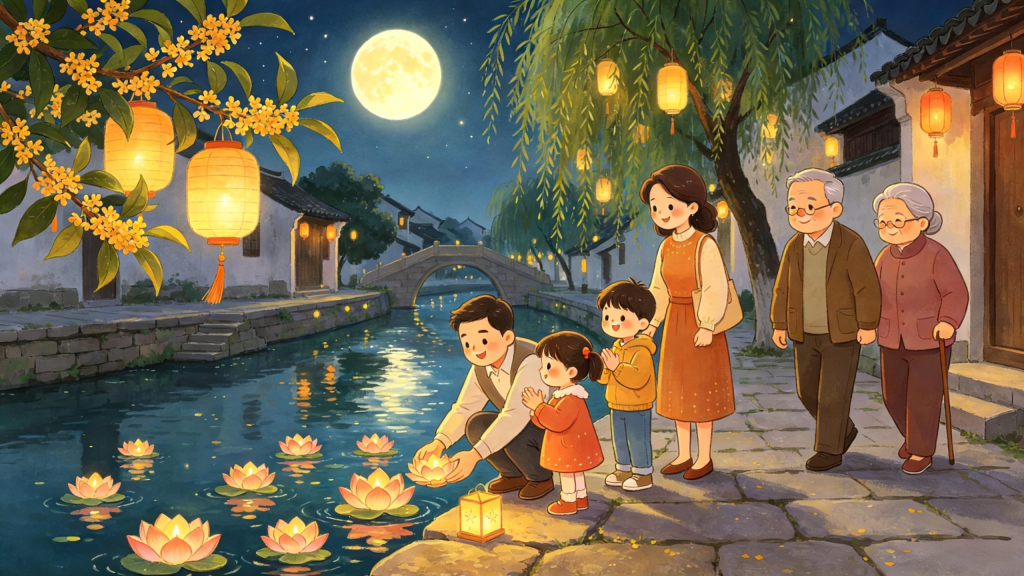 中秋节中秋家庭亲子放河灯水灯儿童画插画