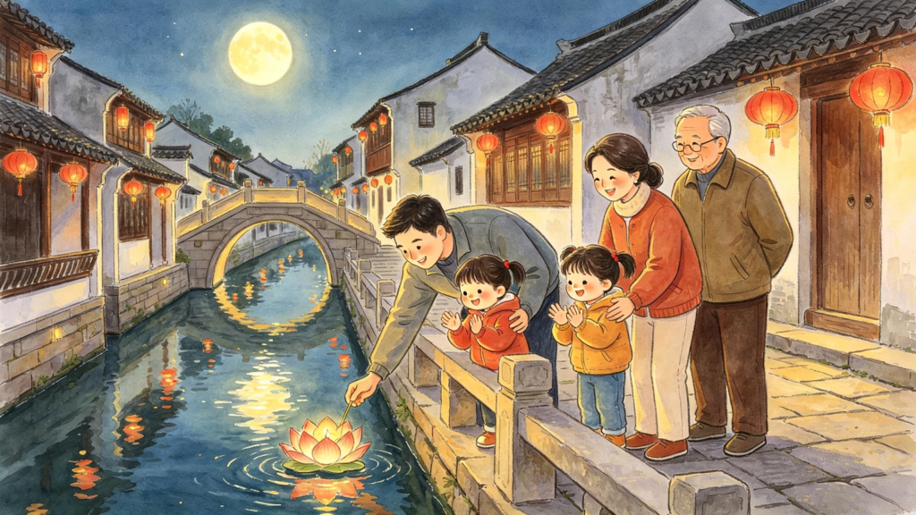 中秋节中秋家庭亲子放河灯水灯儿童画插画