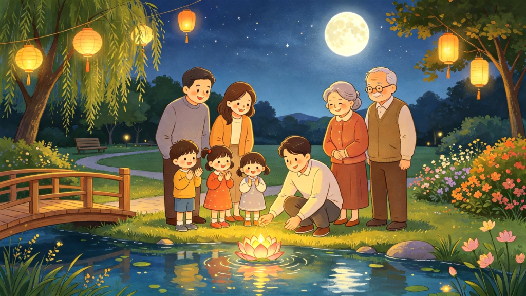 中秋家庭放水灯儿童画插画