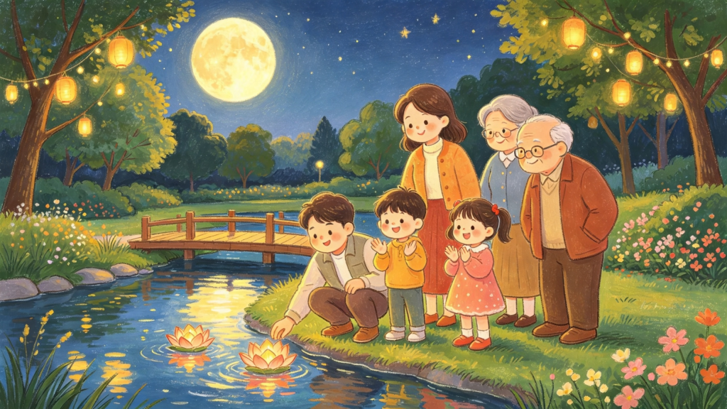中秋节中秋家庭亲子放河灯水灯儿童画插画