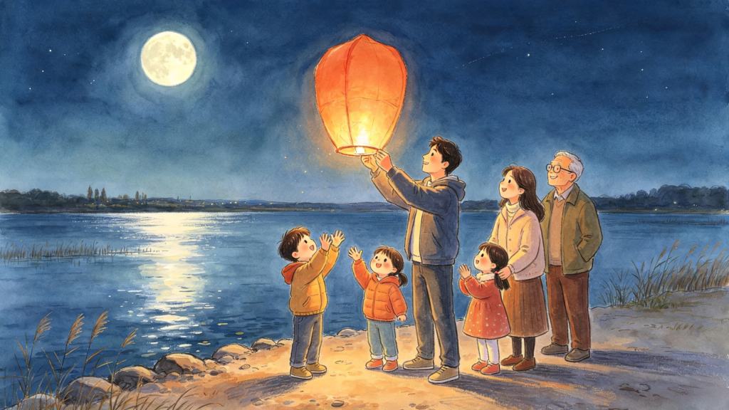 中秋家庭放孔明灯儿童画插画