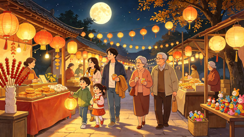 中秋家庭户外游玩漫画风插画