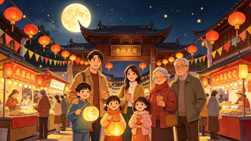 中秋家庭逛庙会漫画风插画