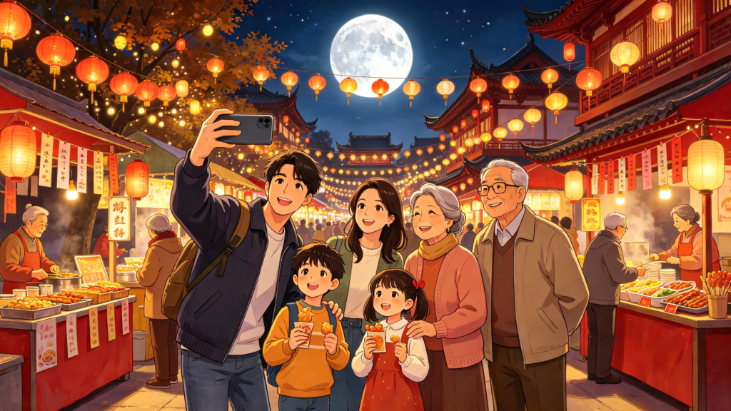 中秋家庭户外游玩漫画风插画