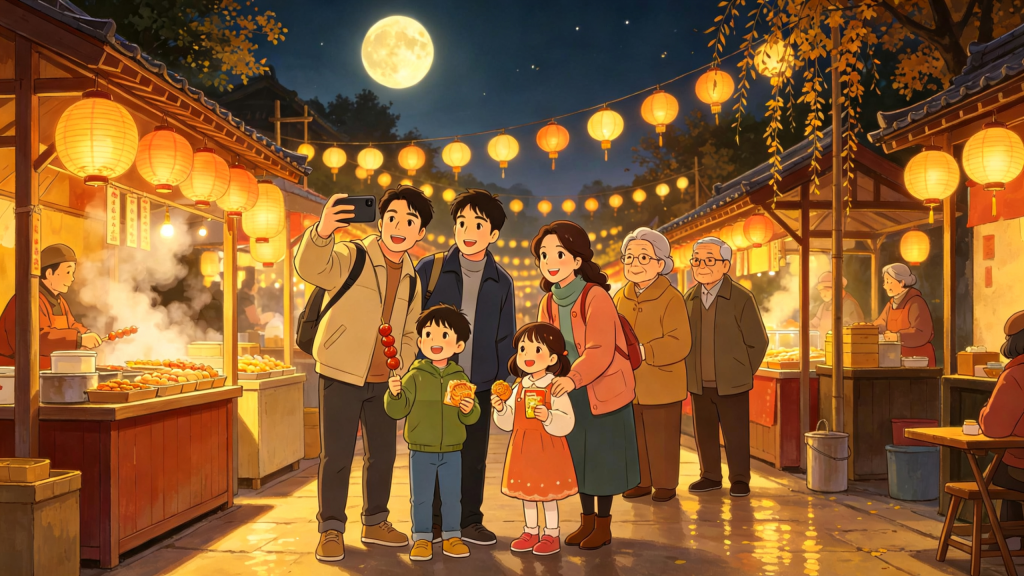 中秋家庭户外游玩漫画风插画