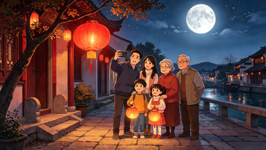 中秋家庭户外游玩漫画风插画