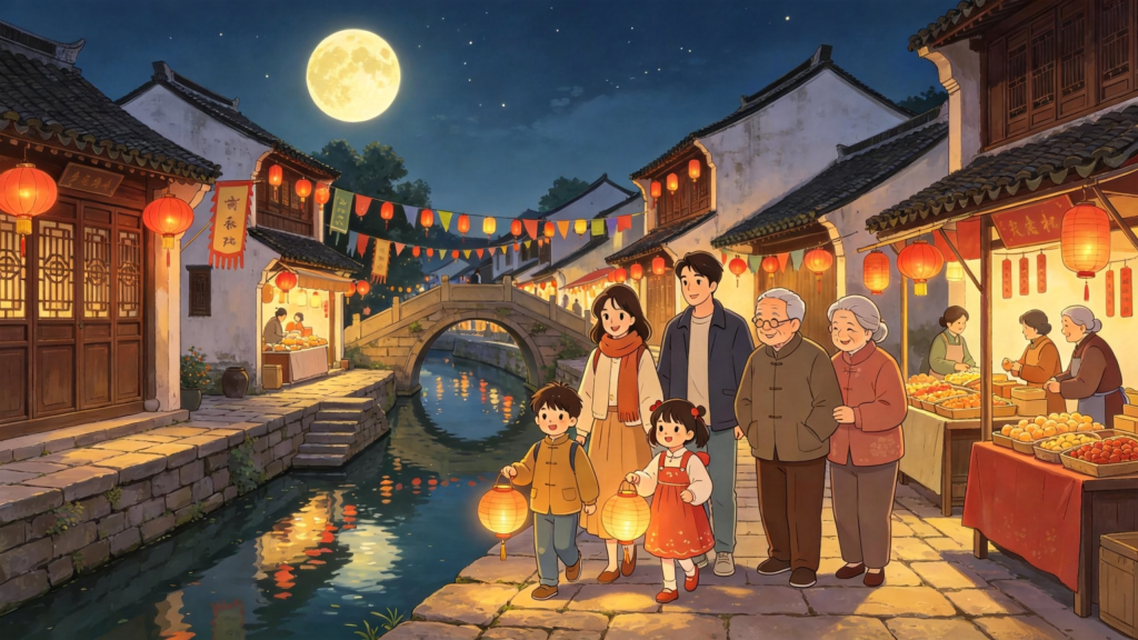 中秋家庭户外游玩漫画风插画