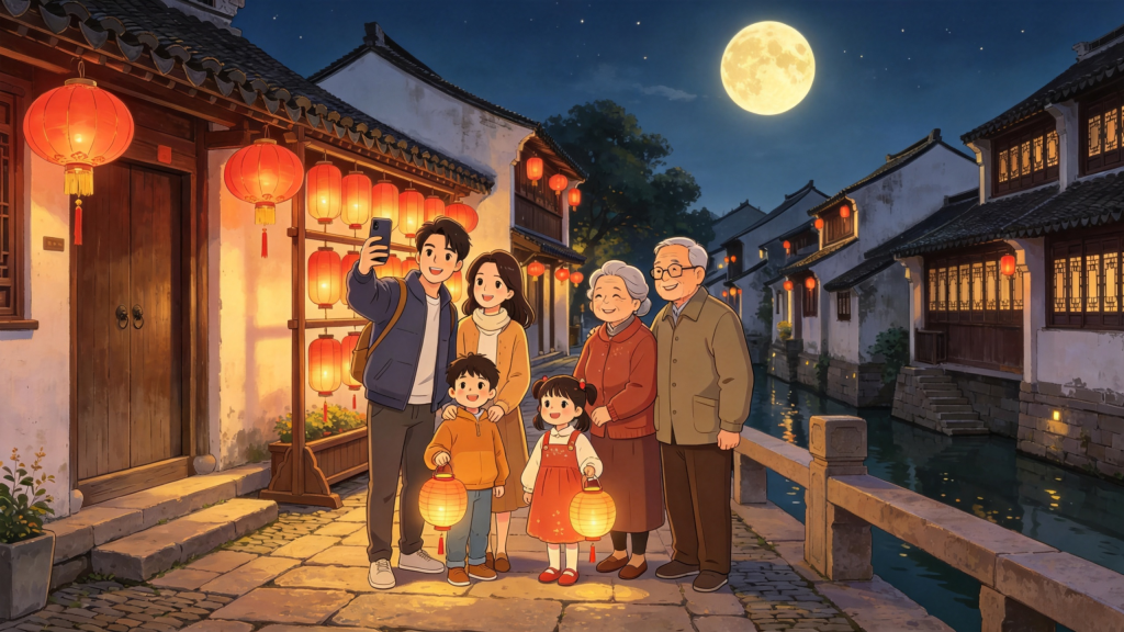 中秋家庭户外游玩漫画风插画