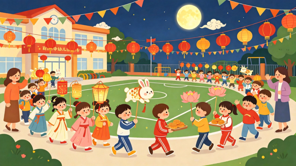 中秋校园灯会扁平风插画