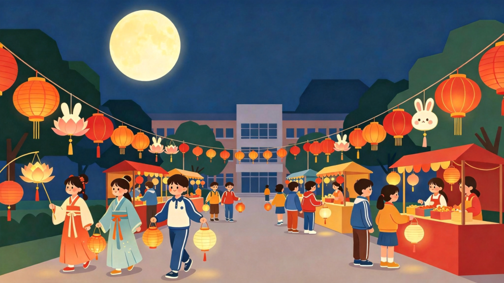 中秋校园灯会扁平风插画