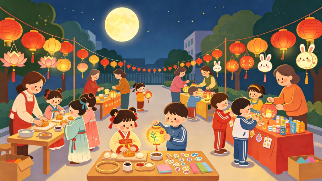 中秋校园活动扁平风插画