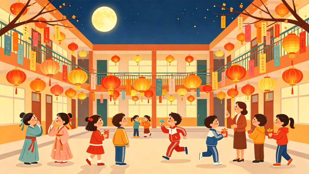中秋校园活动扁平风插画