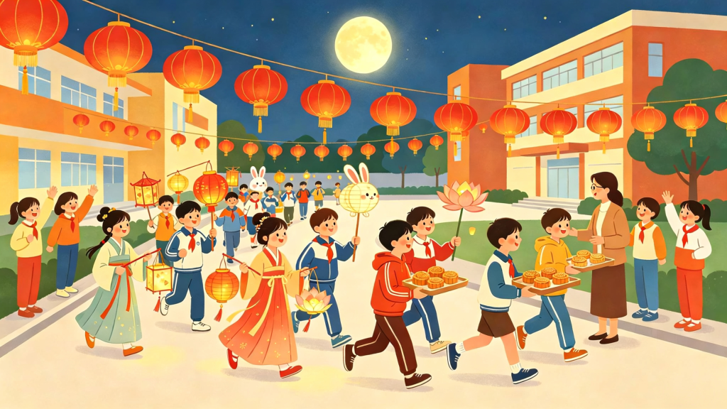 中秋校园活动扁平风插画