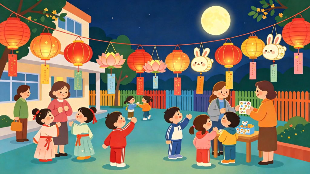 中秋校园游园会扁平风插画