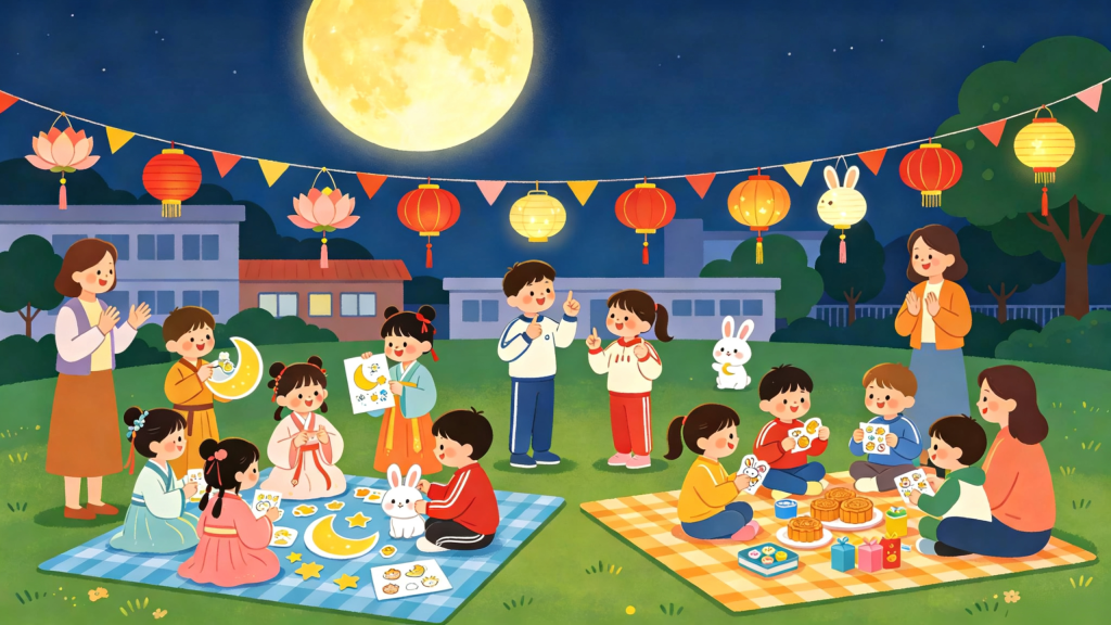 中秋校园游园会扁平风插画