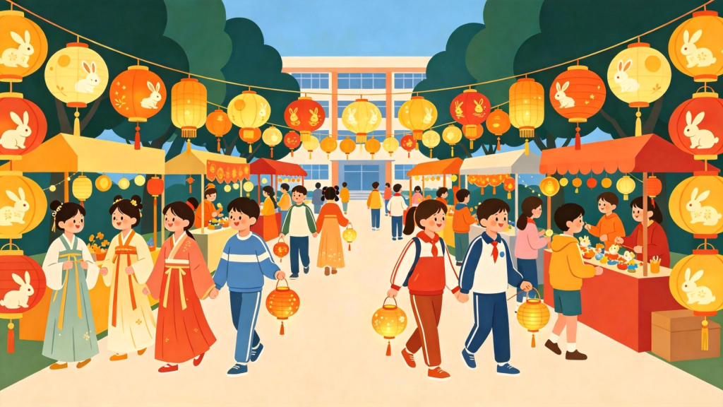 中秋校园游园会扁平风插画