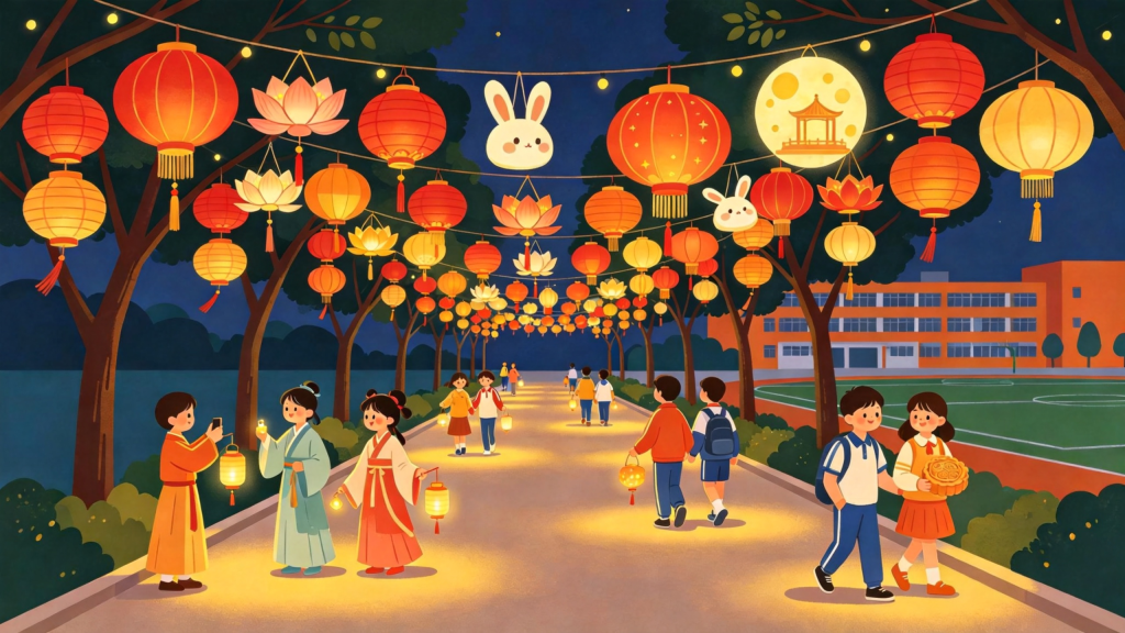中秋校园游园会扁平风插画