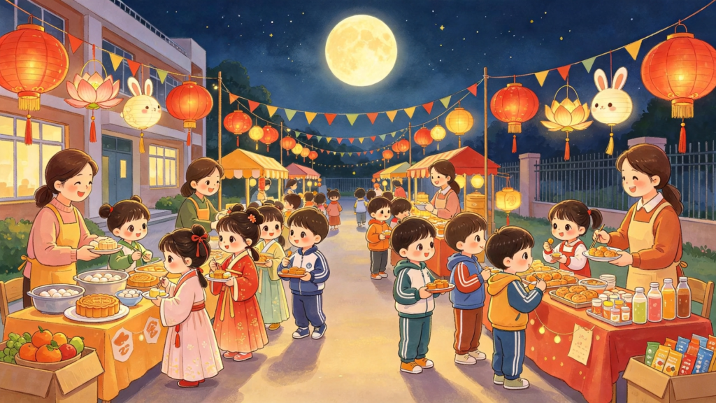 中秋校园游园会儿童画插画
