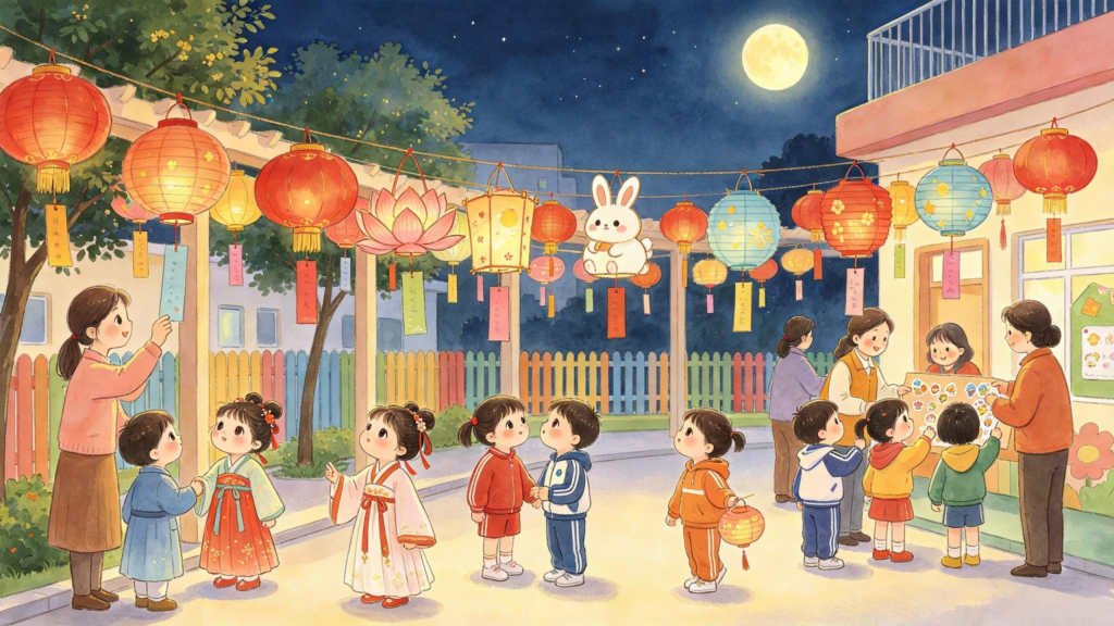 中秋校园游园会儿童画插画