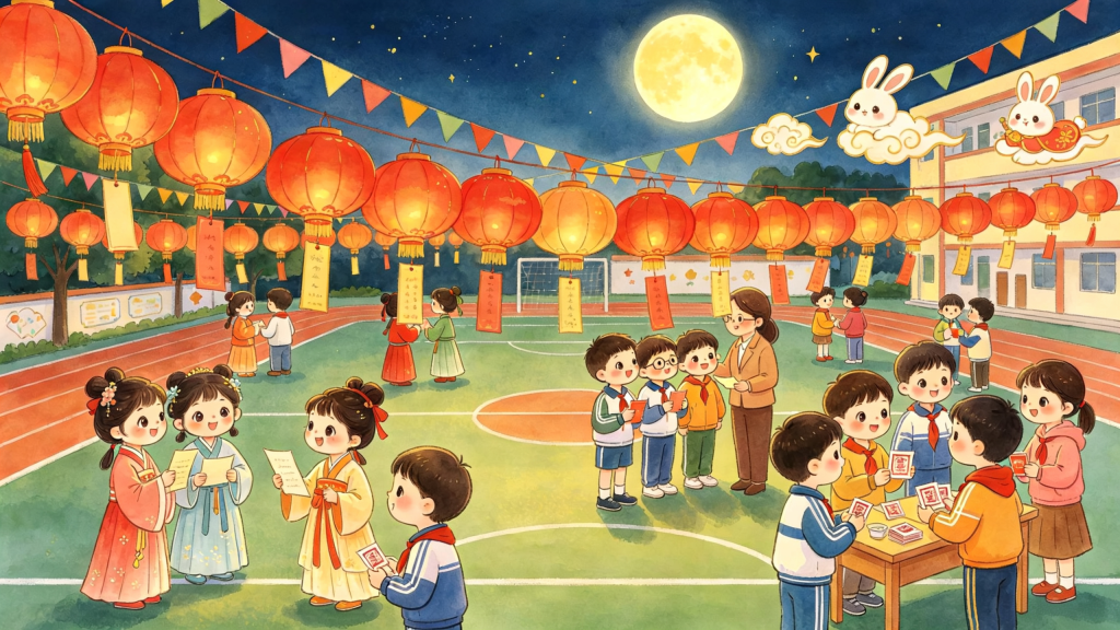 中秋校园游园会儿童画插画