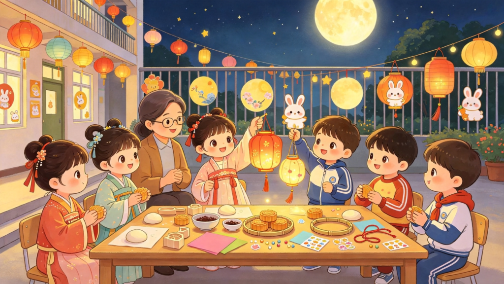 中秋校园游园会儿童画插画