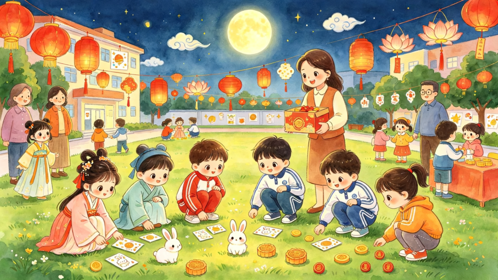 中秋校园灯会儿童画插画