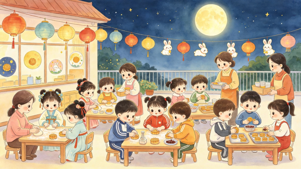 中秋节中秋校园灯会游园会制作月饼插画