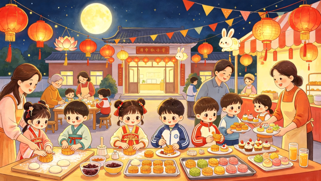 校园小学中秋节中秋灯会游园会制作月饼插画