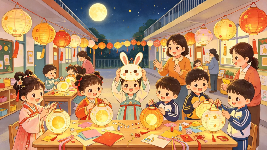 校园小学中秋节中秋灯会游园会制作花灯插画