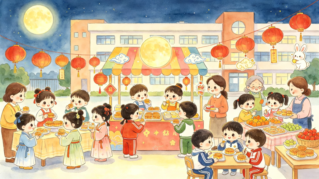 中秋校园灯会儿童画插画