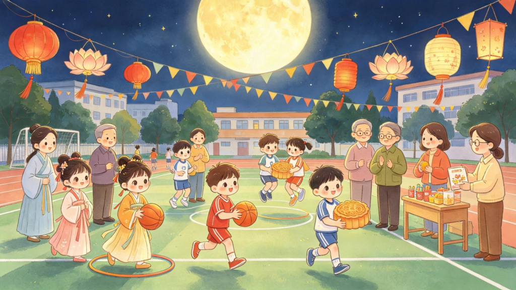 中秋校园灯会儿童画插画