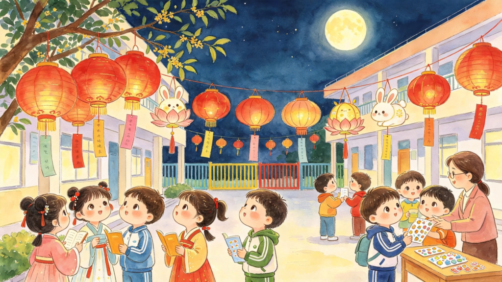 中秋校园灯会儿童画插画