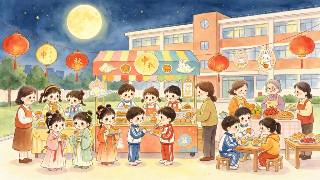 中秋校园灯会儿童画插画