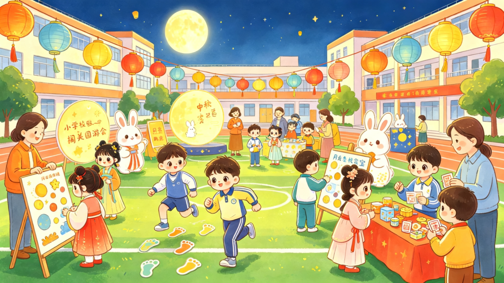 中秋校园灯会儿童画插画