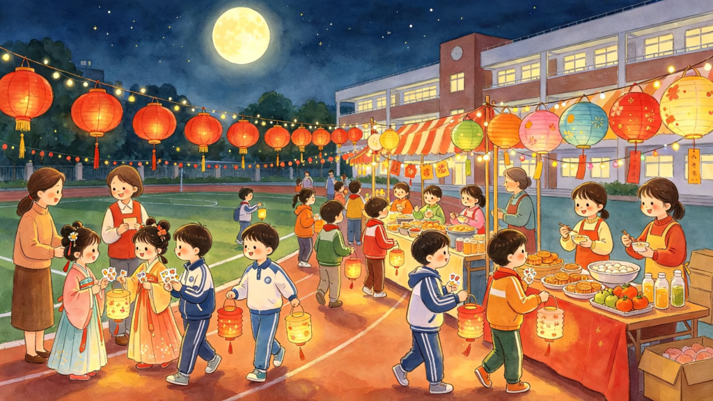 中秋校园灯会儿童画插画