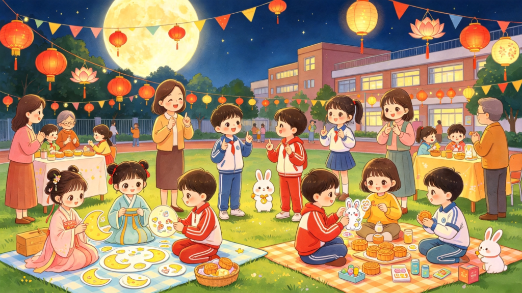 中秋校园灯会儿童画插画