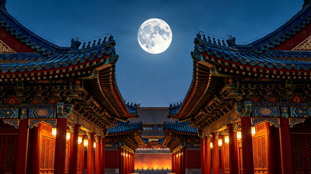 中秋满月宫廷建筑夜景摄影图