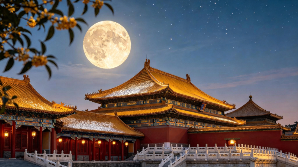 中秋满月宫廷建筑夜景摄影图