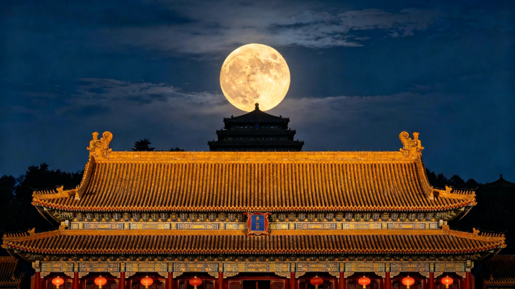 中秋满月宫廷建筑夜景摄影图