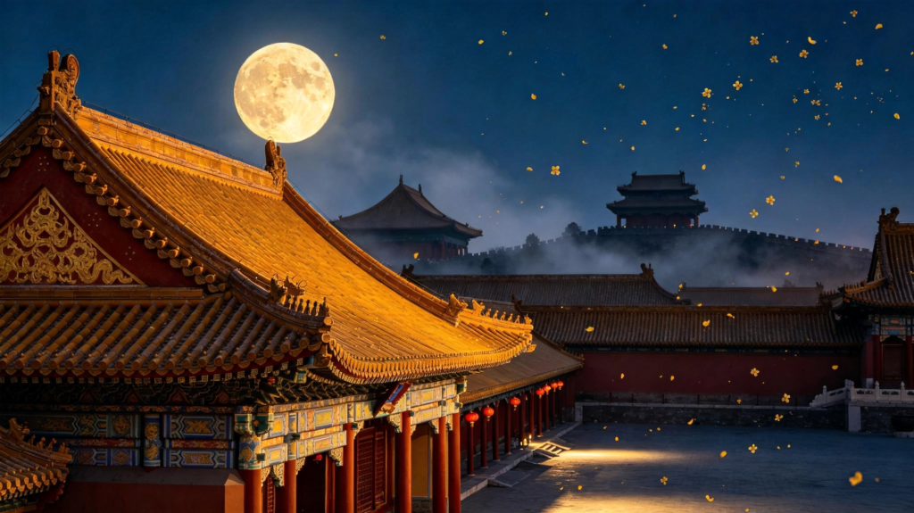中秋满月宫廷建筑夜景摄影图