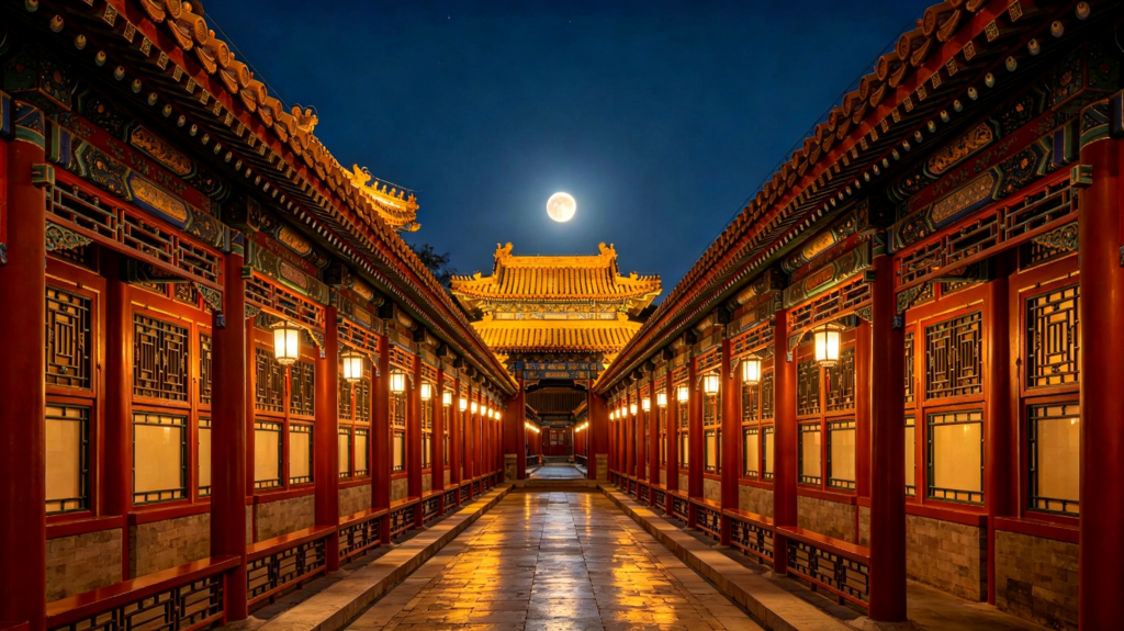 中秋满月宫廷建筑夜景摄影图