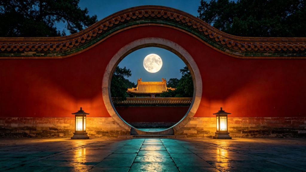 中秋满月宫廷建筑夜景摄影图