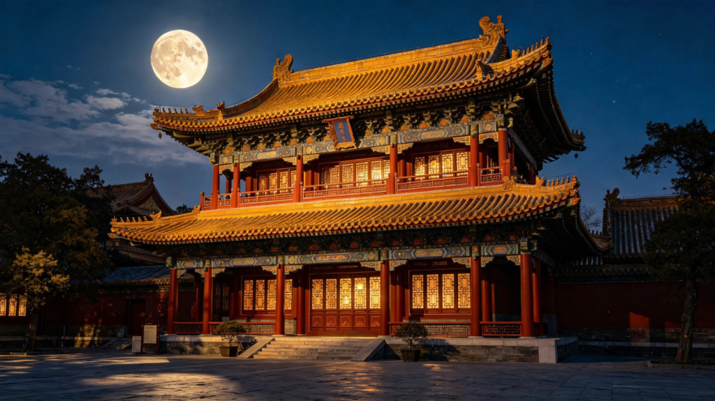 中秋满月宫廷建筑夜景摄影图