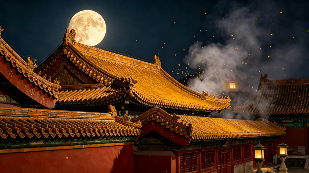 中秋满月宫廷建筑夜景摄影图