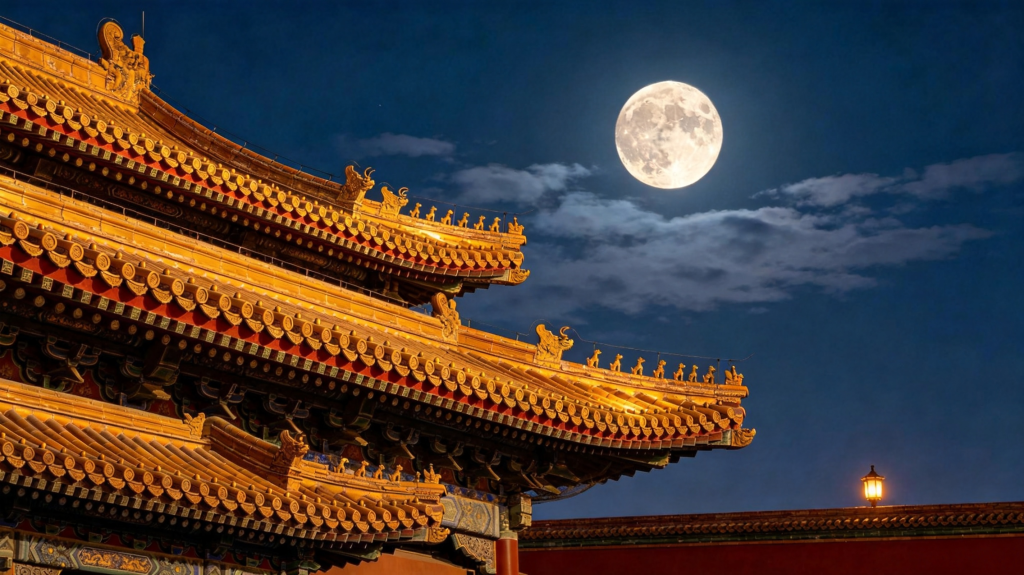 中秋满月中式建筑夜景摄影图