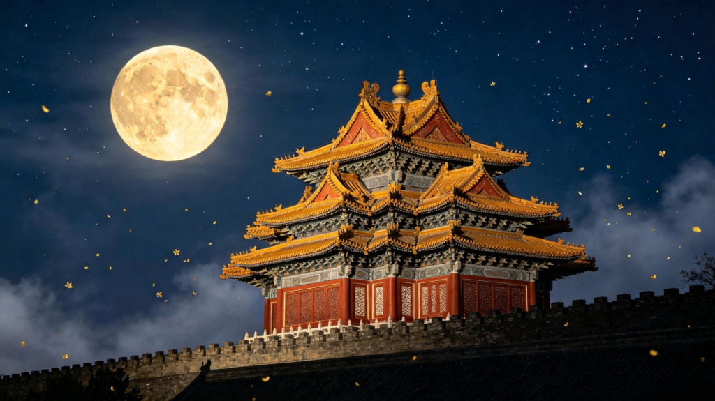 中秋满月中式建筑夜景摄影图
